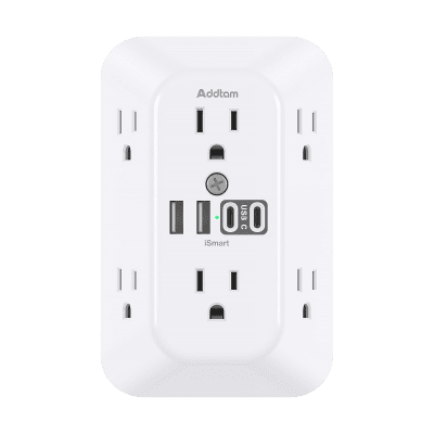 Addtam 6-Outlet Surge Protector with 4 USB Ports (2 USB-C) - White, 1800J